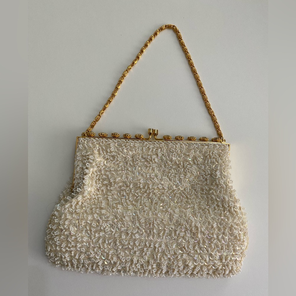 Vintage Pearl Bead Gold Tone Handle Bag